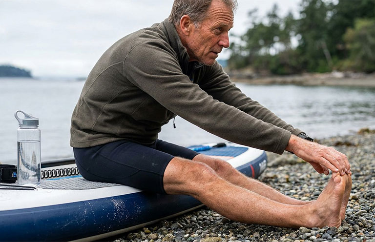 man stretching near paddleboard