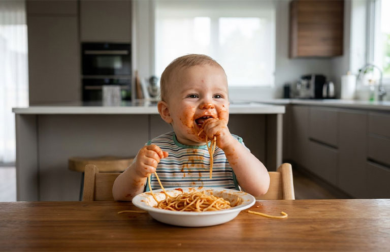 baby eating food messily