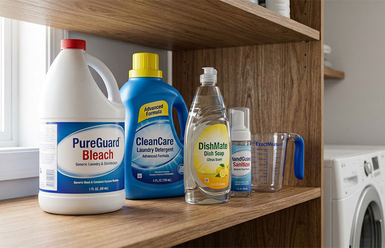cleaning supplies on a shelf