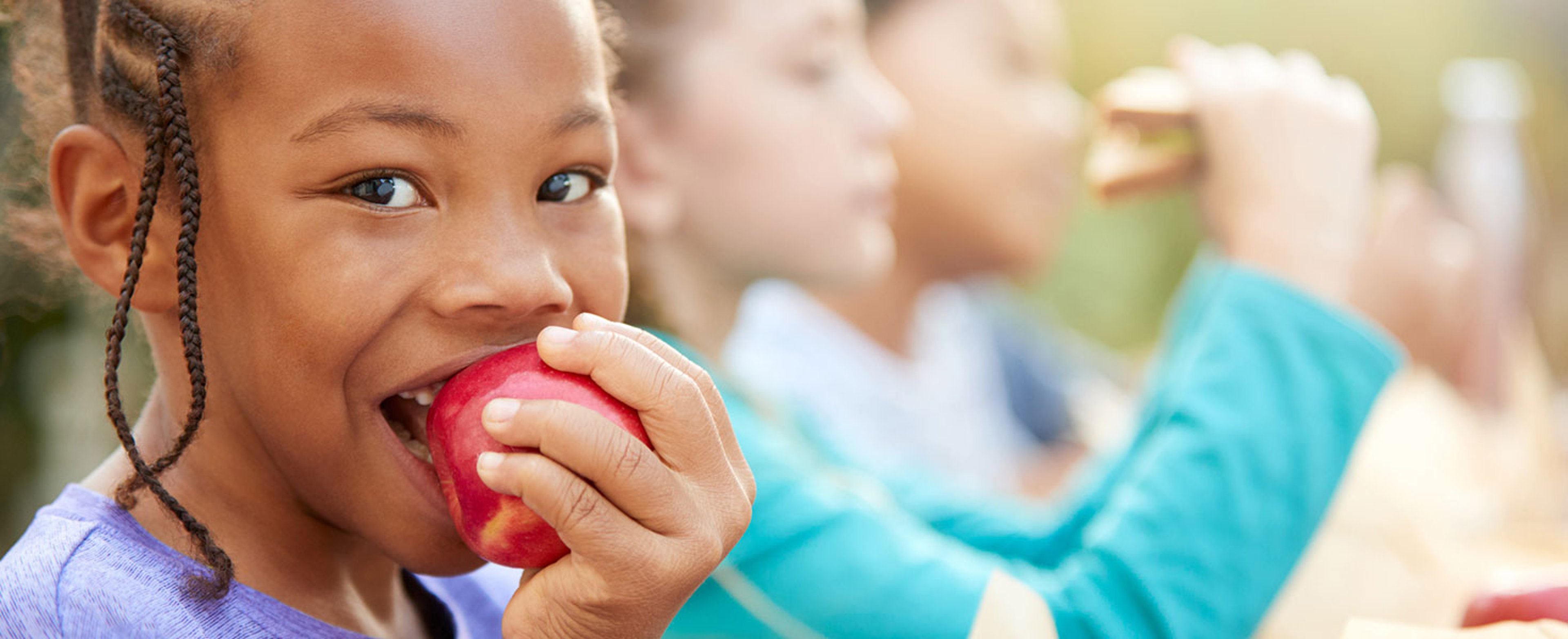 Portrait Of Girl With Friends Eating Healthy Picnic At Outdoor Table In Countryside.  Credit: monkeybusinessimages