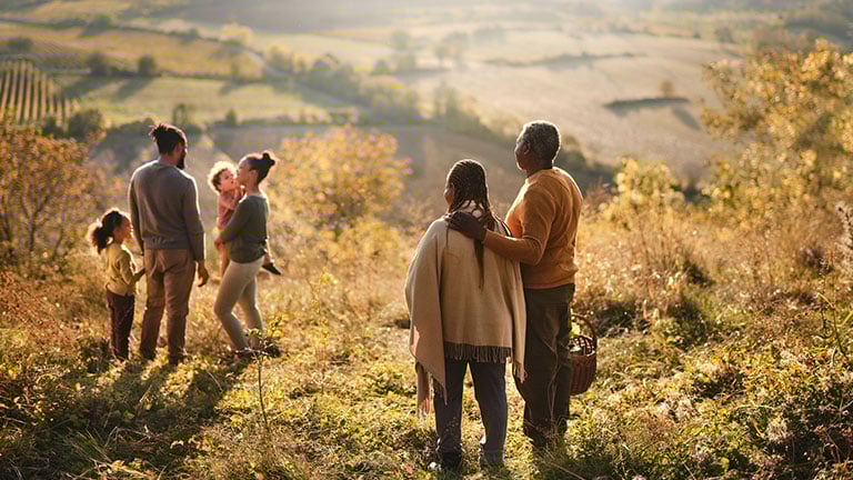 Back view of embraced African American grandparents looking at their family on a field in autumn day. Photographed in medium format. Credit: skynesher