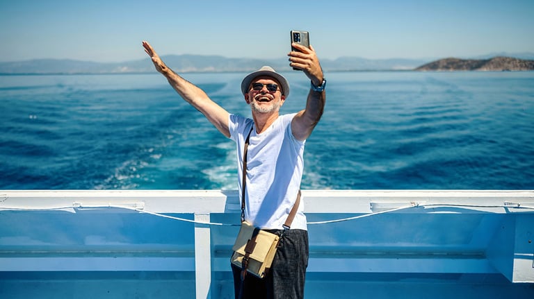 Mature man on the ferry boat deck on a sunny day traveling on vacation. Credit: dardespot