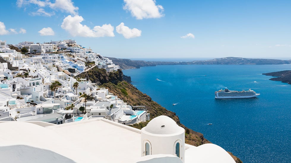 Cruise ship departing Santorini Island, Greece