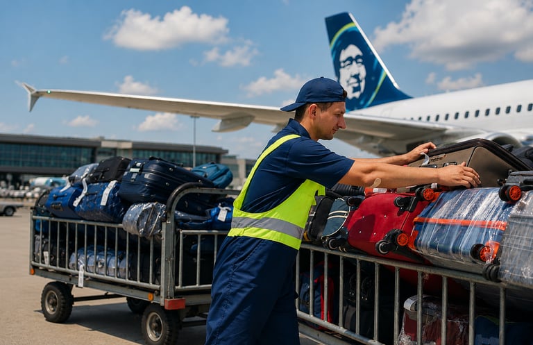 airport working sorting out luggage to store in plane