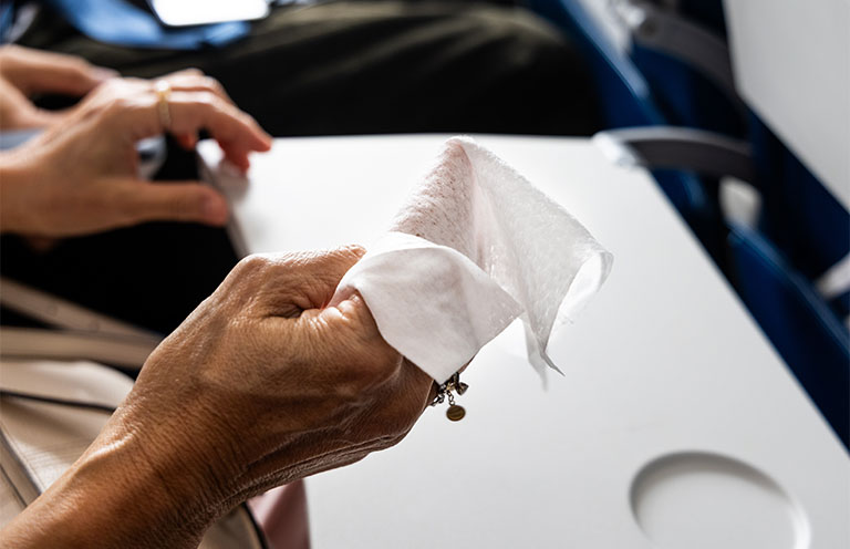 man holding disinfecting wipes over airplane seat tray