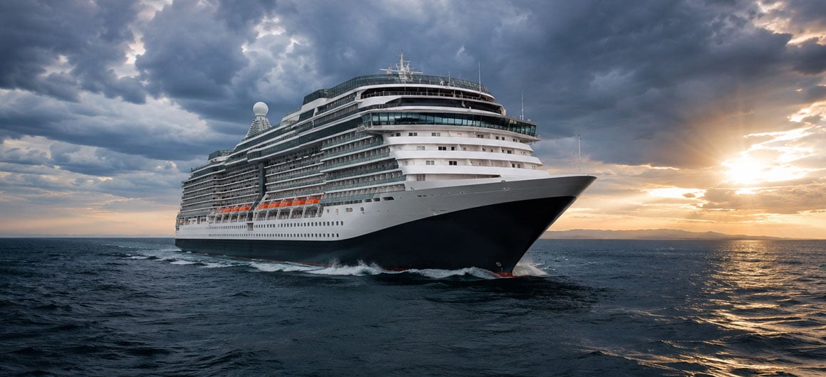 A large cruise ship sailing under dramatic but realistic storm clouds with sunlight breaking through in the distance, open ocean surrounding the vessel. The mood feels adventurous and resilient rather than dangerous. Cinematic realism, wide-angle travel photography. No visible ship branding or readable signage. No text, no logos, no icons, no symbols. AI Image created by Colin Anderson