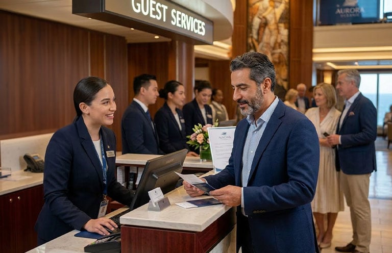man talking to woman at cruise service desk