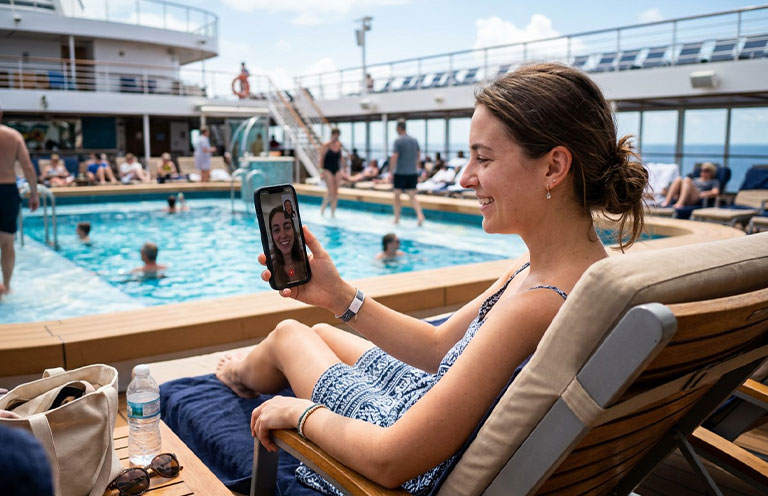 woman video call on cruise