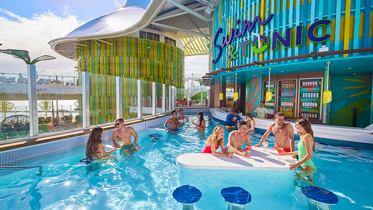 Cape Canaveral, USA - April 29, 2018: The upper deck with swimming pools at cruise liner or ship Oasis of the Seas by Royal Caribbean By Solarisys