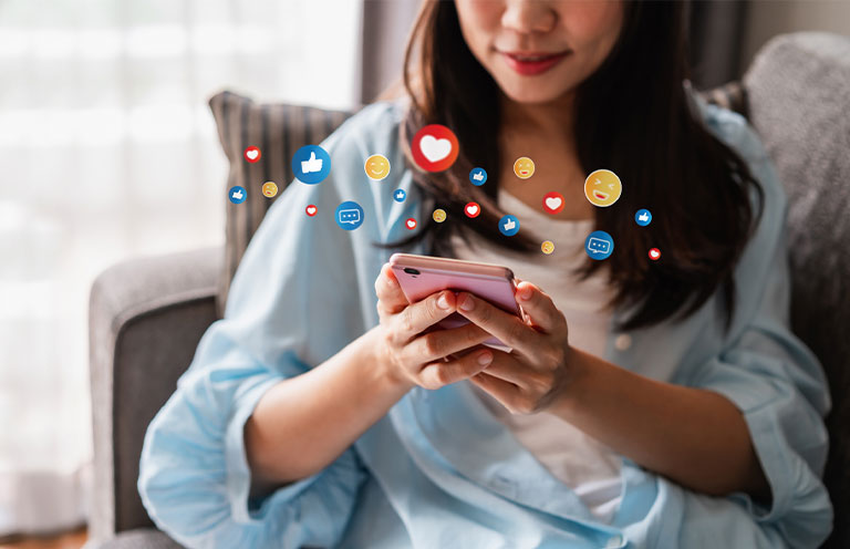 woman looking at apps on phone concept