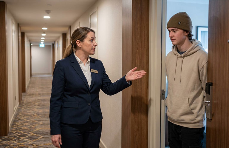 hotel worker talking to man in hallway