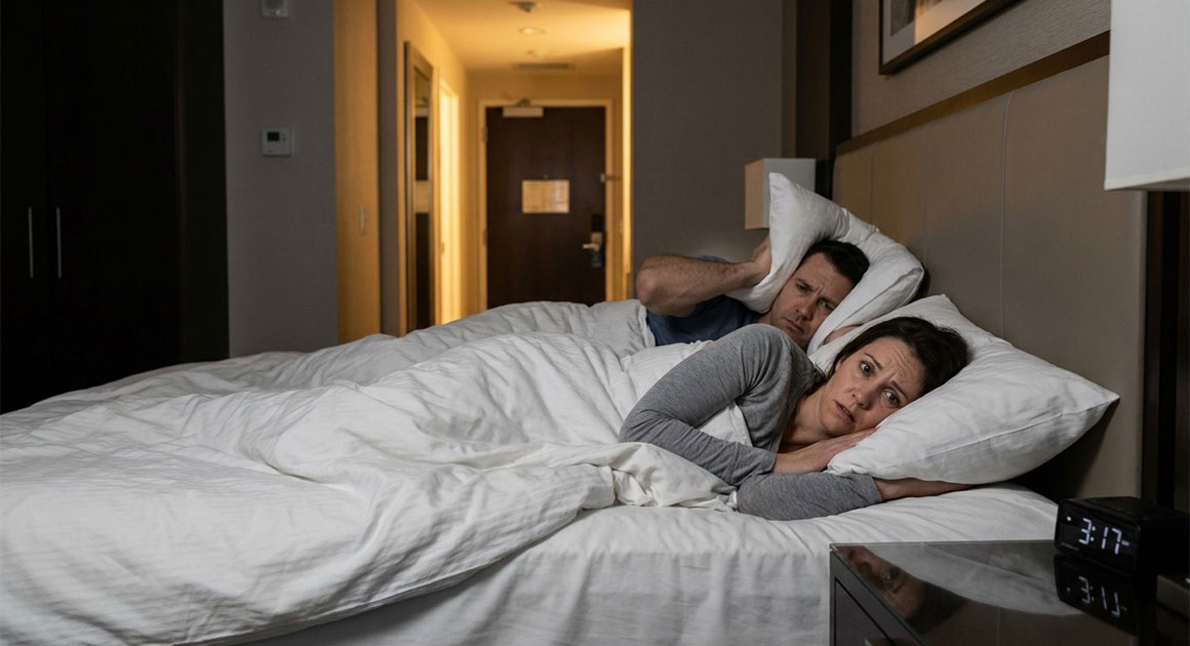 people in bed, man covering ears with pillows