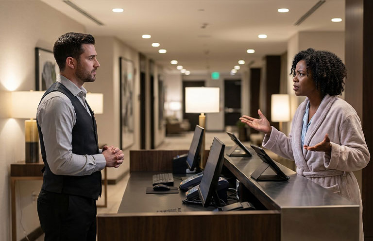 woman at hotel front desk