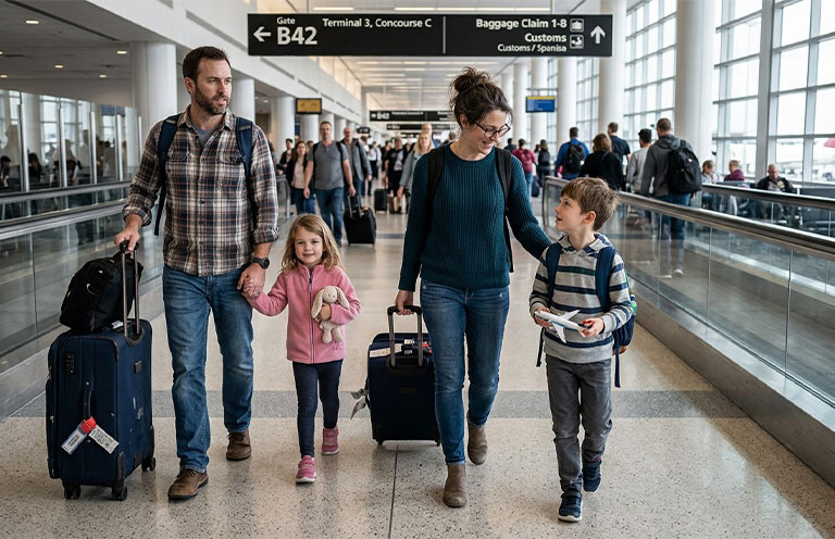 Family walking in airport