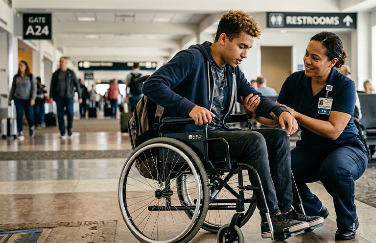 man in wheelchair at airport