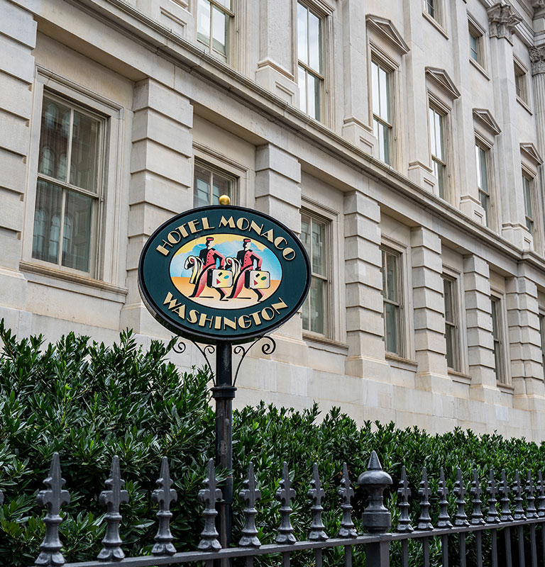 The Kimpton Hotel Monaco Washington DC is a boutique hotel located in the historic General Post Office building designed by Rosemarie Mosteller