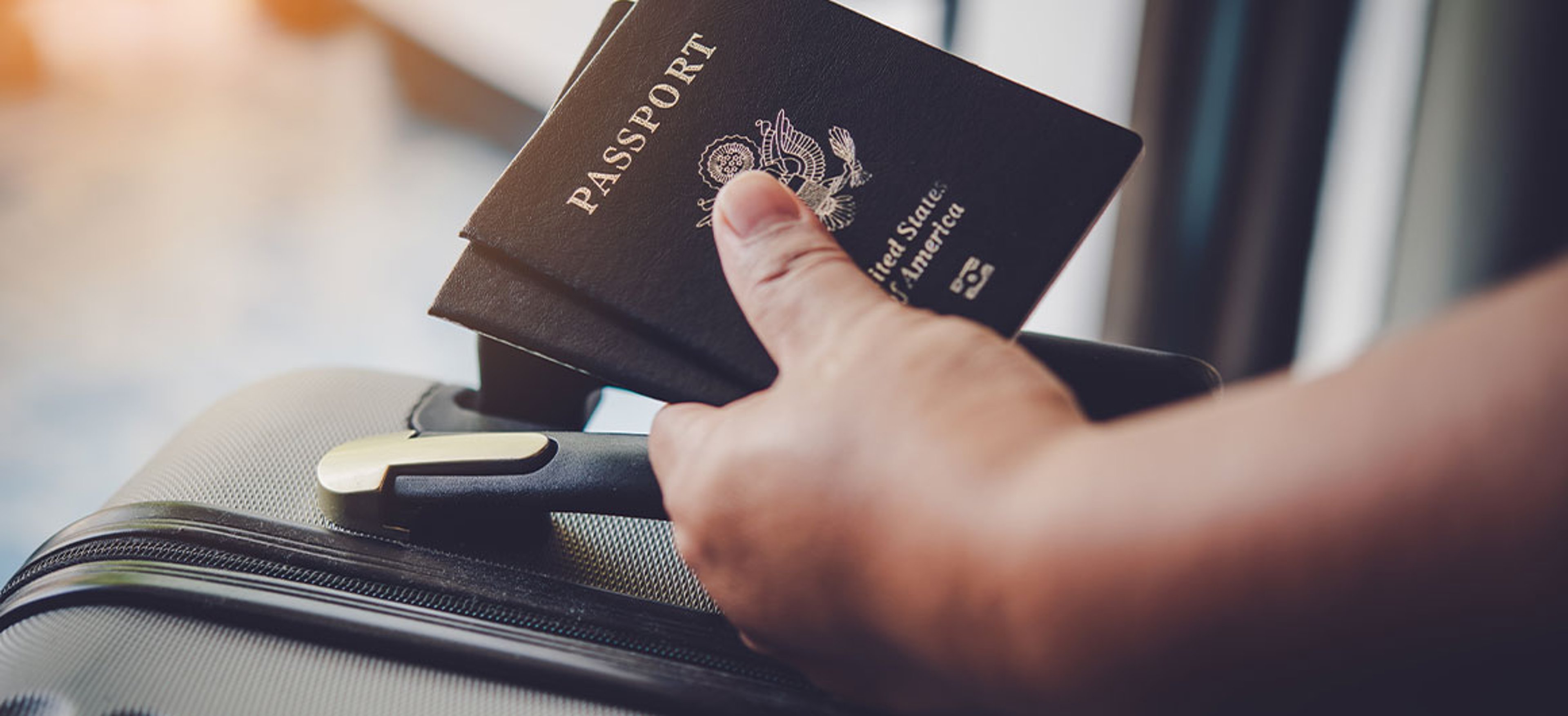 hand holding passport and suitcase handle