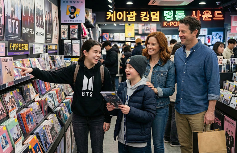 family looking at music in KPop section at store