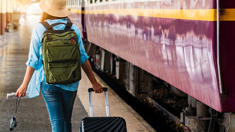 Solo woman backpacker traveler plan safety trip low cost budget summer holiday after coronavirus. Empty tourists on train railway platforms. Use bus train sustainable environmental friendly transport. By Chan2545