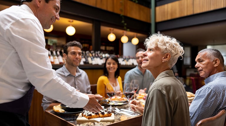 Latin American waiter serving food to a group of friends at a restaurant - food service occupation concepts. Credit: Hispanolistic