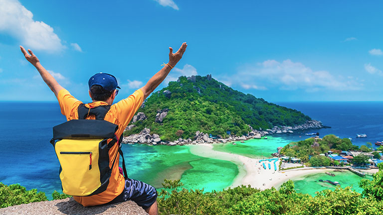 Outdoor adventure man traveler on top island joy fun beautiful nature scenic landscape vacation beach Koh Nang Yuan Attraction landmark tourist travel Thailand summer holiday, Tourism destination Asia See Less By day2505