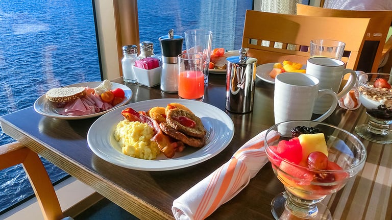 Dining Room Buffet aboard the abstract luxury cruise ship. Selective focus. Burgers. Credit:Marina113