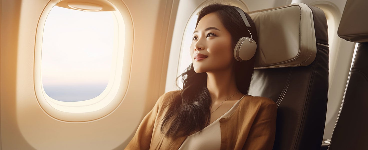 Lifestyle portrait of attractive Asian woman passenger listening to headphones on airplane long haul flight by Elena