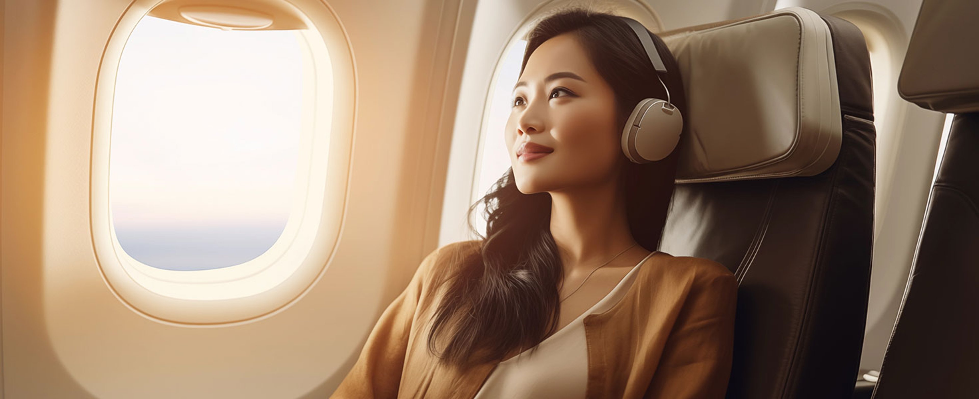 Lifestyle portrait of attractive Asian woman passenger listening to headphones on airplane long haul flight  by Elena