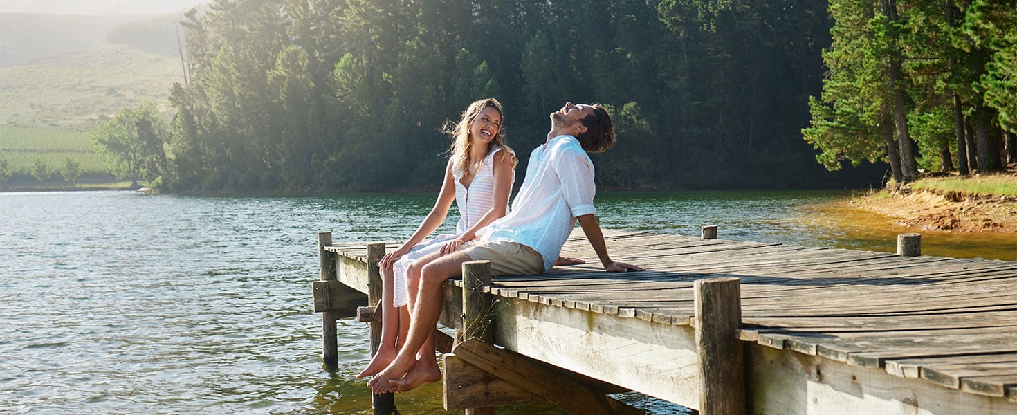 Man and woman sitting by lake