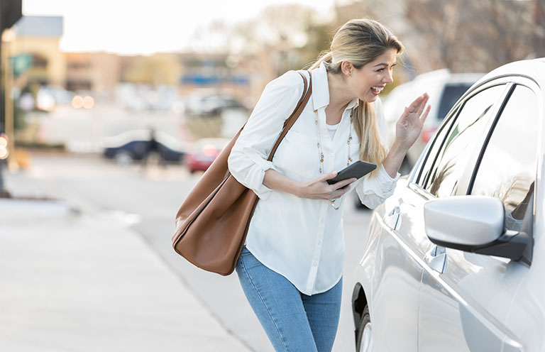 woman talking to car driver outside of car