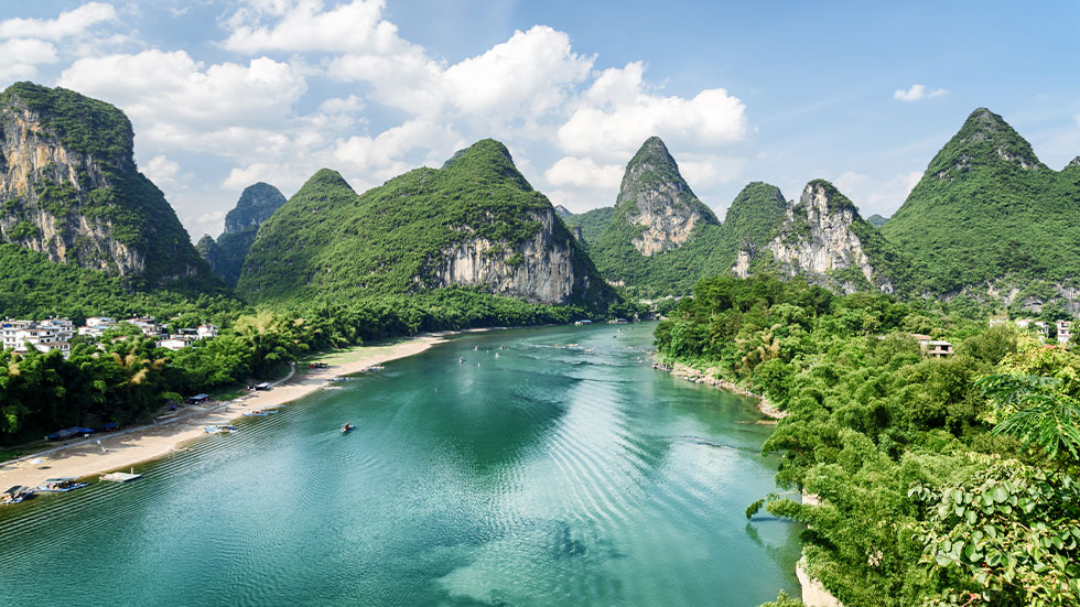 A view of karst mountains and the Li River, Yangshuo County of Guilin, China