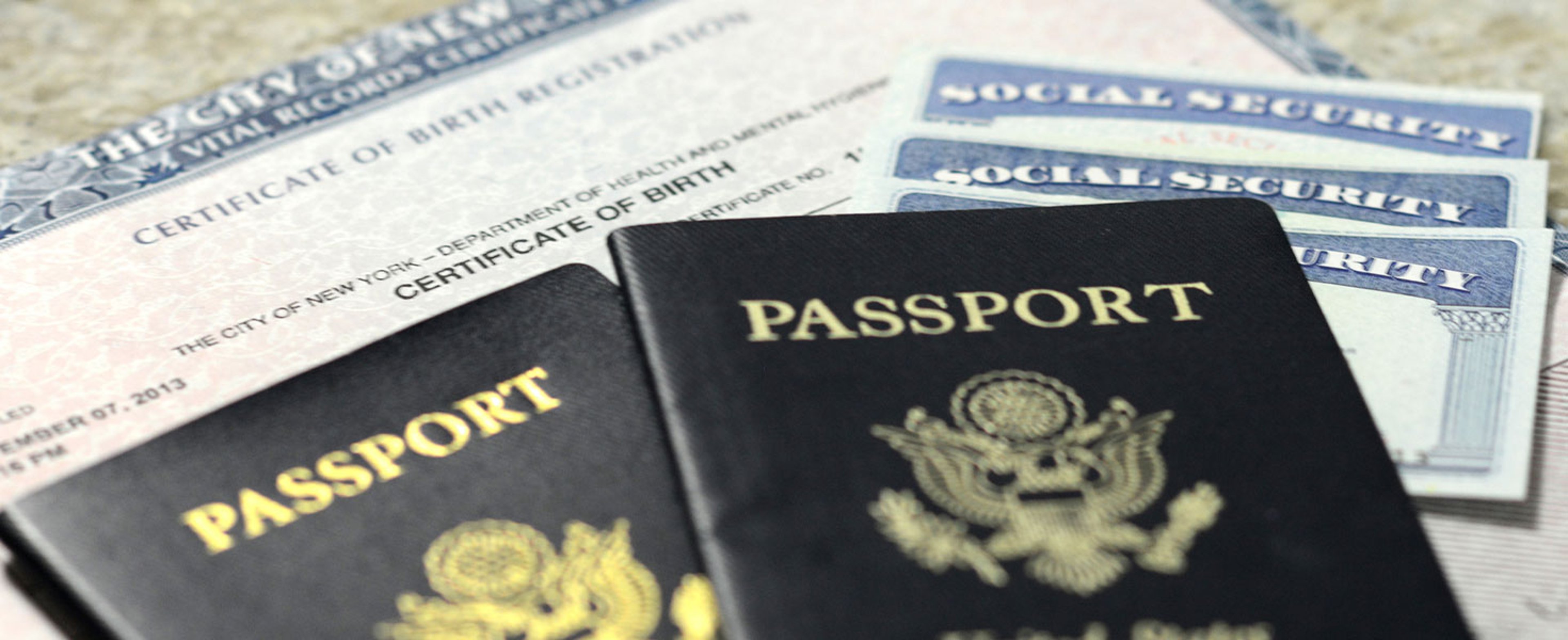 USA passport, social security card, and birth certificate