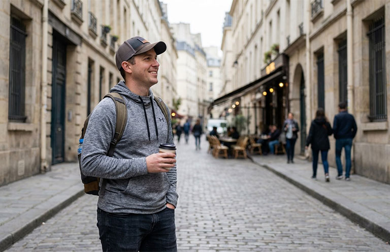 man standing on cobble stone street holding coffee