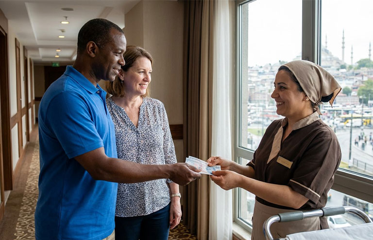man and woman giving worker a tip