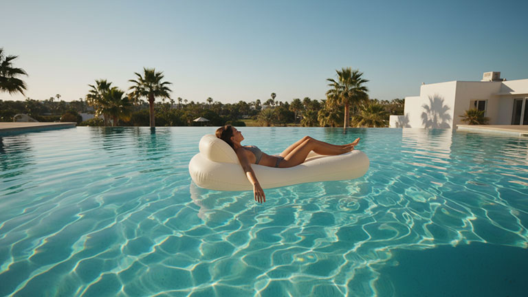 Person lounging on a pool float in a calm turquoise swimming pool, face not visible, relaxed body posture, soft sunlight reflecting on the water, gentle ripples, peaceful summer atmosphere, minimalist composition, cinematic travel editorial photography.
