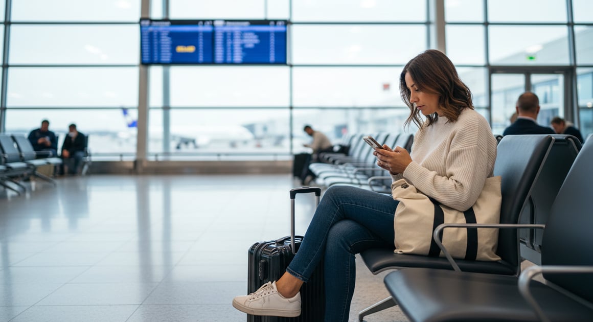 Woman sitting in airport on phone