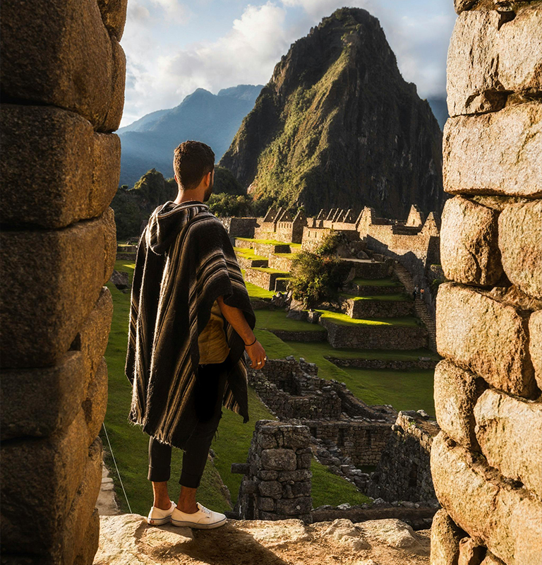 Man Wearing Striped Poncho, Machu Picchu in background as he looks out at view