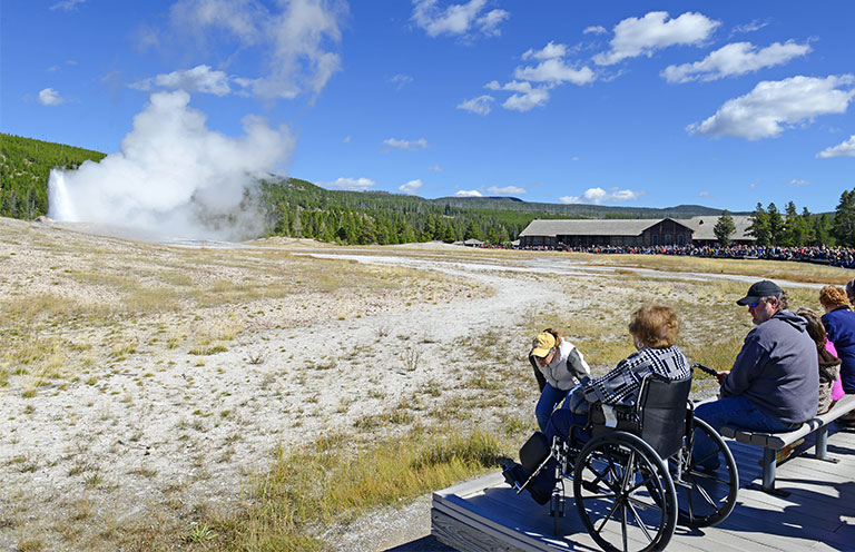 A handicapped veteran on a wheelchair enjoys the view at Rainbow Point, Dead Horse Point State Park in Utah