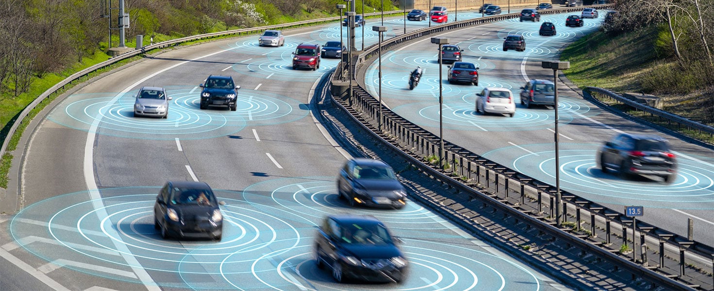 Self driving cars on highway, artificial intelligence concept