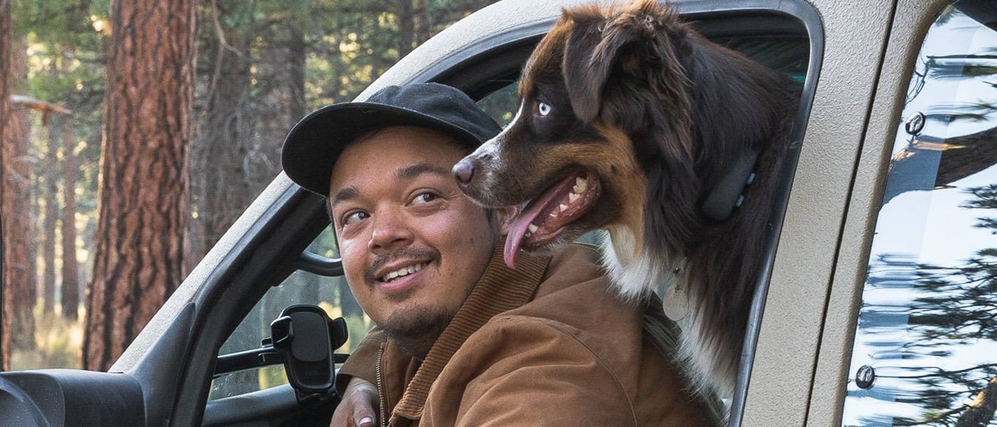 man in car with dog looking out window