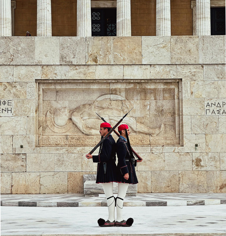 Two Soldiers Standing Back to Back in Athens, Greece