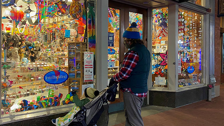 Holiday window shopping at Into The Wind; photo courtesy of Into The Wind