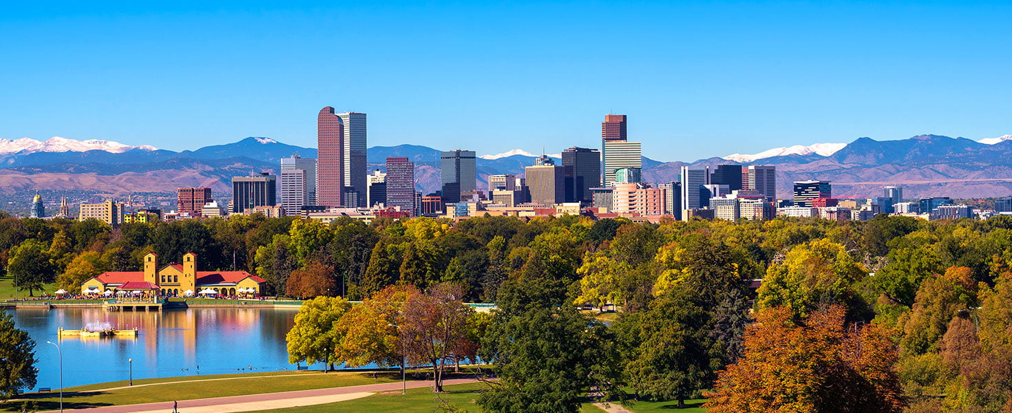 Skyline of Denver downtown with Rocky Mountains; photo miroslav_1