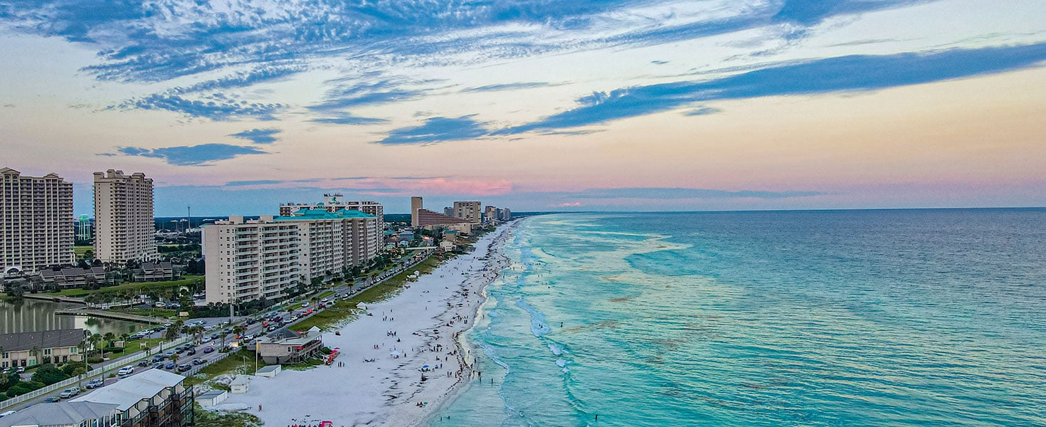 Destin and Miramar Beaches in Florida, July 2022, showcasing the pristine Gulf of Mexico coastline; Photo by WanderDrone