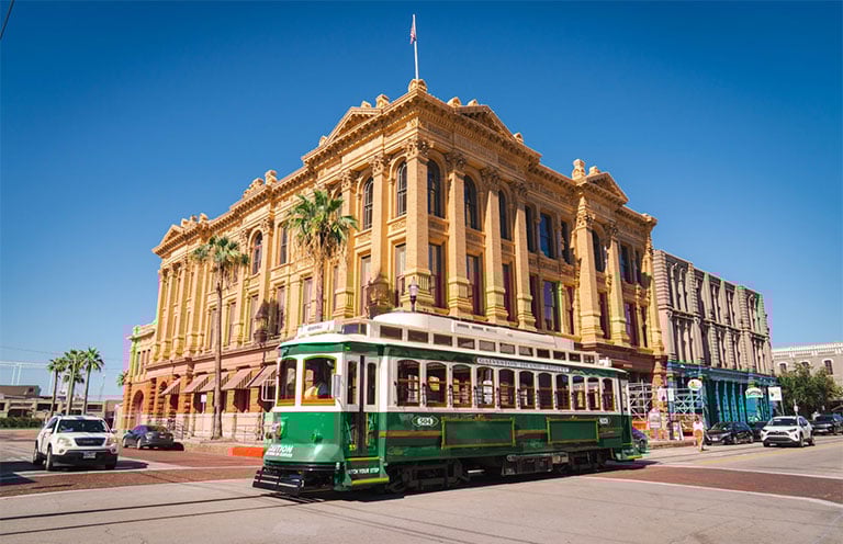 trolly pictured in downtown Galveston, Texas