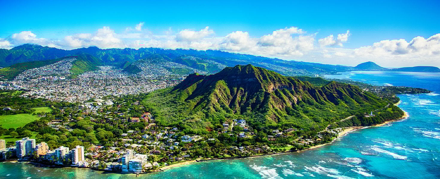 The dormant volcano known as Diamond Head located adjacent to downtown Honlulu, Hawaii, as shot from an altitude of about 1500 feet over the Pacific Ocean. Credit: Art Wager
