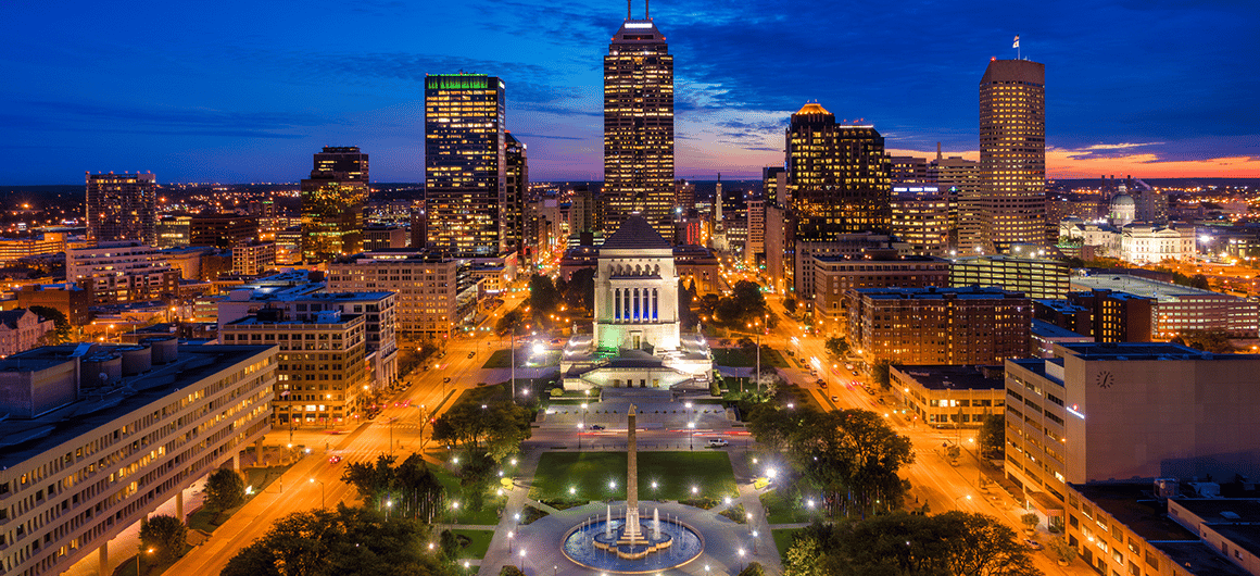 Indianapolis Skyline Aerial At Dusk With Fountains; Credit: Dee Liu