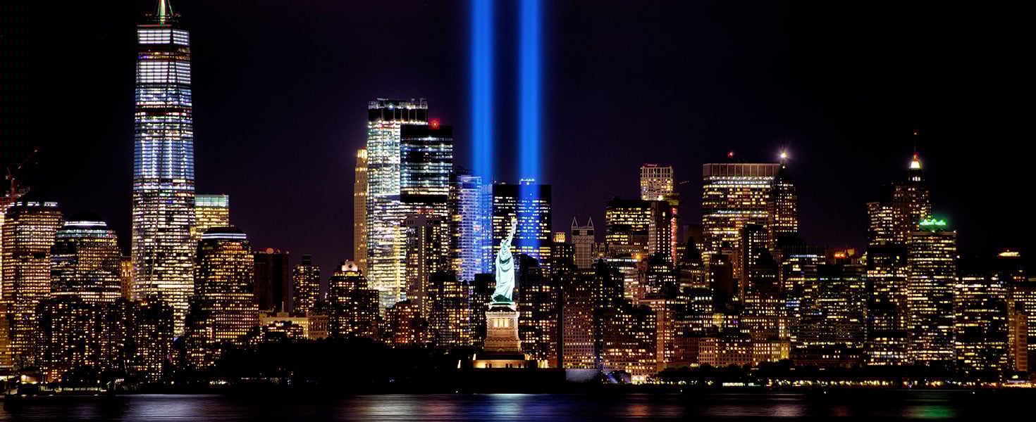 9/11 Memorial Beams with Statue of Liberty and Lower Manhattan. By Brian E Kushner