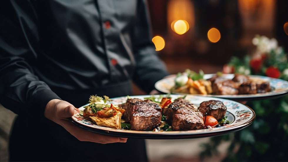 Waiter caring plated steaks
