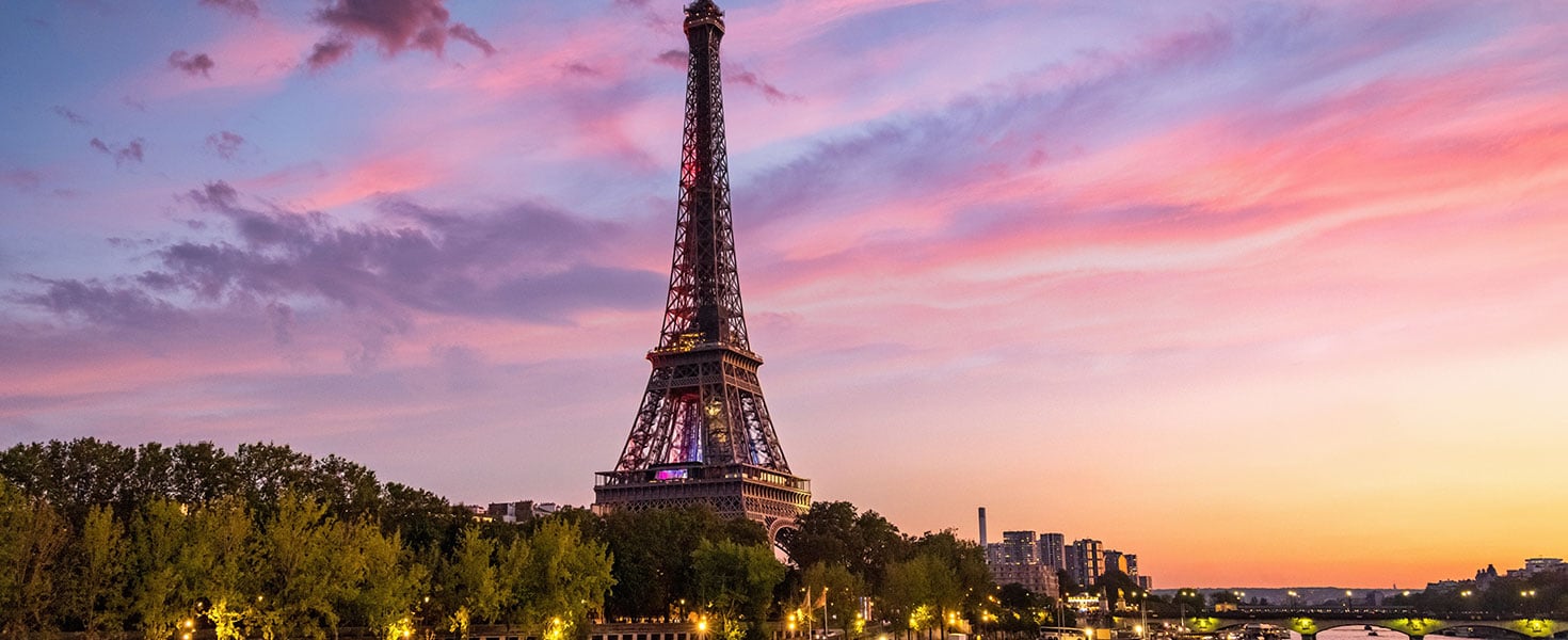 Eiffel Tower Paris River Seine Sunset Twilight France. Photo by Mlenny/iStock.com